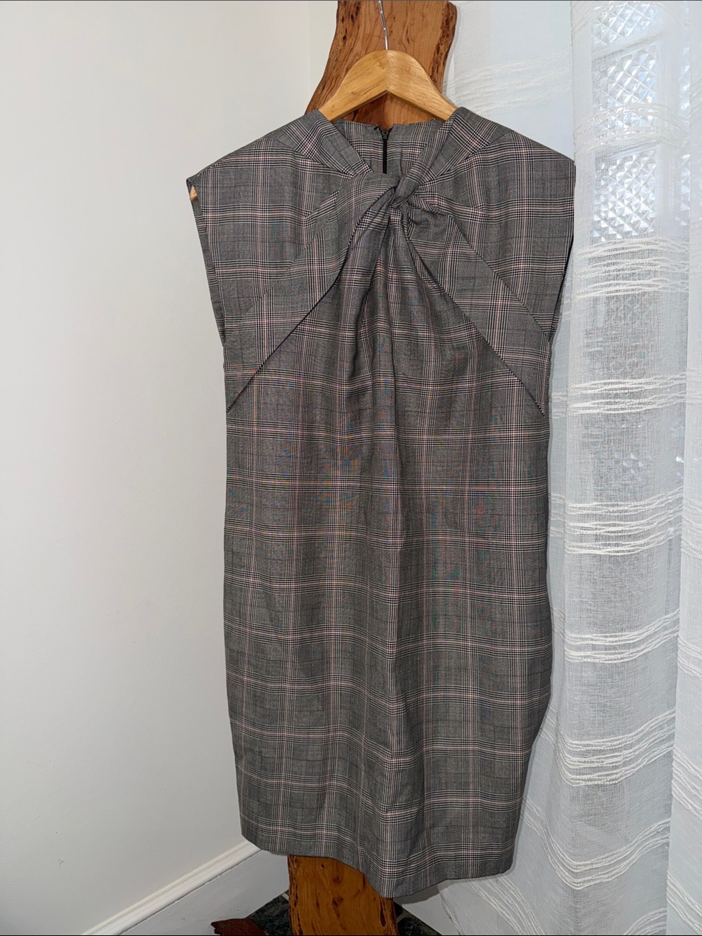 Gucci Gray Plaid Sleeveless Midi Dress with Neck Bow